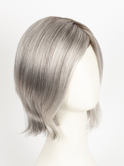 SILVER-STONE-R | Silver Medium Brown Blend That Transitions To More Silver Then Medium Brown Then To Silver Bangs with Black Roots