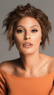 IMPULSE by ELLEN WILLE in NOUGAT ROOTED | Medium-Ash Brown Base, Blended With Medium Neutral Brown, Ash Blonde Highlights & Medium-Neutral Brown Root (This piece has been styled)