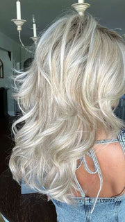 Jenna Fail @jenna_fail wearing STROKE OF GENIUS by RAQUEL WELCH WIGS in color RL19/23SS SHADED BISCUIT | Light Ash Blonde Evenly Blended with Cool Platinum Blonde with Dark Roots