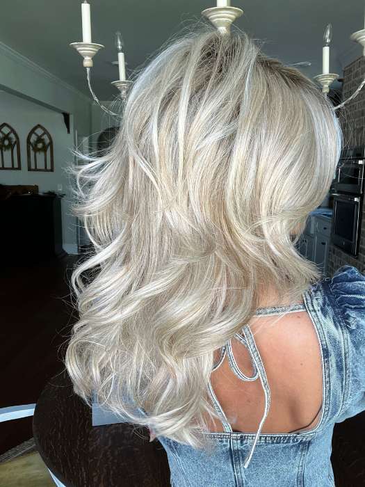 Jenna Fail @jenna_fail wearing STROKE OF GENIUS by RAQUEL WELCH WIGS in color RL19/23SS SHADED BISCUIT | Light Ash Blonde Evenly Blended with Cool Platinum Blonde with Dark Roots
