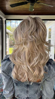Jenna Fail @jenna_fail wearing STROKE OF GENIUS by RAQUEL WELCH WIGS in color RL19/23SS SHADED BISCUIT | Light Ash Blonde Evenly Blended with Cool Platinum Blonde with Dark Roots