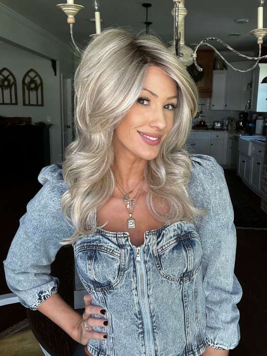 Jenna Fail @jenna_fail wearing STROKE OF GENIUS by RAQUEL WELCH WIGS in color RL19/23SS SHADED BISCUIT | Light Ash Blonde Evenly Blended with Cool Platinum Blonde with Dark Roots