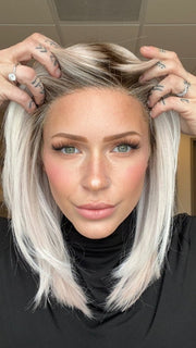 Madeline is wearing LUNA by ELLEN WILLE in PASTEL-ROSE-SHADED | Pearl Platinum, Silver White and Pastel Pink blend with dark shaded roots