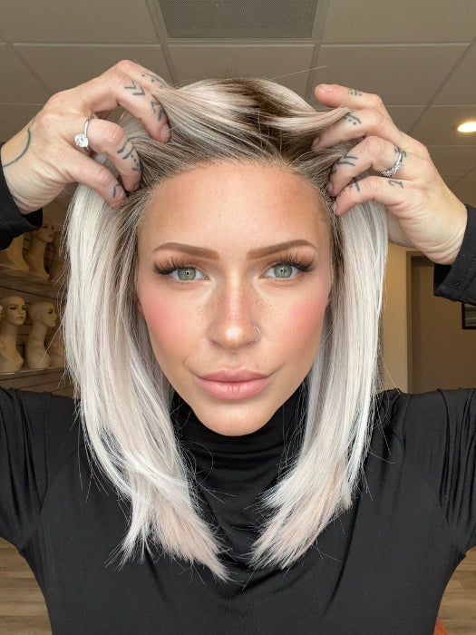 Madeline is wearing LUNA by ELLEN WILLE in PASTEL-ROSE-SHADED | Pearl Platinum, Silver White and Pastel Pink blend with dark shaded roots