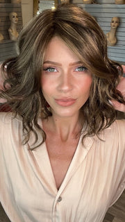 Madeline wearing JULIANNE LITE by JON RENAU in 8RH14 | Medium Brown with 33% Medium Natural Blonde Highlights