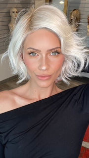 Madeline wearing COOKIE by ELLEN WILLE in PLATINBLONDE ROOTED | Pearl White with Pearl Platinum and Winter White Blend with Shaded Roots 