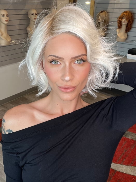 Madeline wearing COOKIE by ELLEN WILLE in PLATINBLONDE ROOTED | Pearl White with Pearl Platinum and Winter White Blend with Shaded Roots 