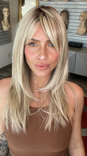 Madeline wearing CAVALLI by BELLETRESS in BUTTERBEER R | Dark Brown Base and Root that transitions smoothly into a buttery blonde, infused with creamy honey and toffee tones