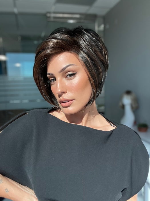 ROXIE wearing IGNITE by JON RENAU in 1BRH30 DARK CHOCOLATE CHERRY GANACHE | Soft Black with 33% Gold-Red Highlights