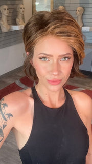 Madeline wearing NAOMI by JON RENAU in 6F27 CARAMEL RIBBON  | Dark Brown with Light Red-Gold Blonde Highlights and Tips 