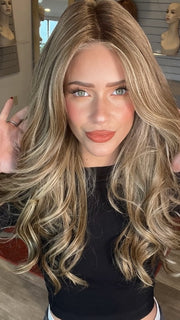 Madeline wearing MODEL MODE by RAQUEL WELCH in RL10/22SS SHADED ICED CAPPUCCINO | Light Brown Shaded with Medium Blonde