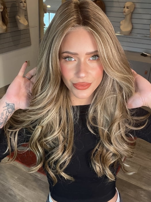 Madeline wearing MODEL MODE by RAQUEL WELCH in RL10/22SS SHADED ICED CAPPUCCINO | Light Brown Shaded with Medium Blonde
