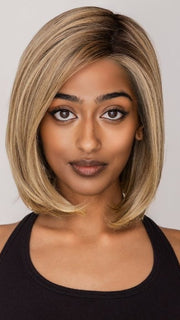 Model is wearing HAUTE by JON RENAU in 24B18S8 SHADED MOCHA | Medium Gold Brown & Light Gold Blonde Blend, Shaded with Dark Gold Brown