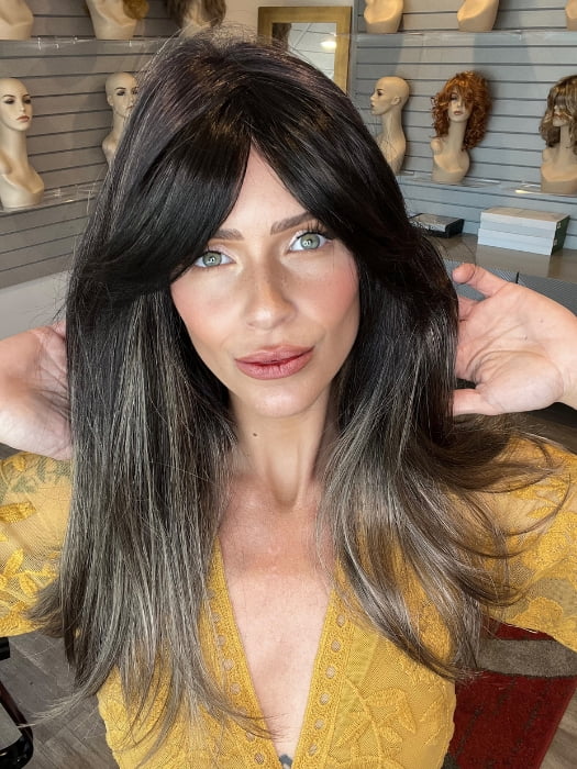 Madeline wearing CAMILLA by JON RENAU in Camilla by JON RENAU in S2-103/18RO MIDNIGHT | Cascading Ombre Shade | Long Dark Roots blend into Lighter Brown Tones and Sparkling Ash Blond Tips