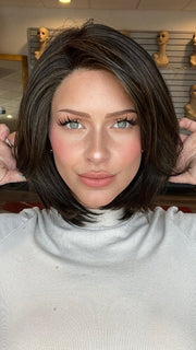 Madeline is wearing ZARAGOZA by BELLETRESS in TRIPLE CHOCOLATE R | A subtle Cappucino root Color and a blend of Medium Ash Brown mixed with a slight warmth of Rich Chocolate