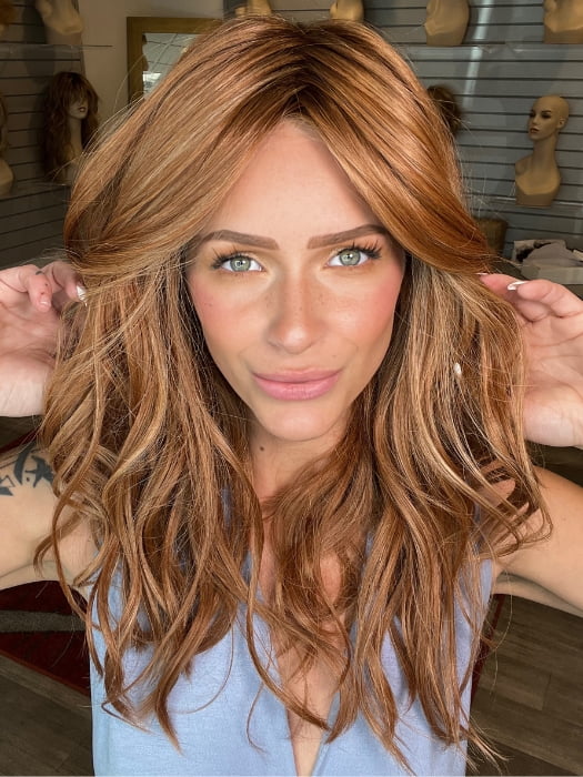 Madeline wearing SELFIE MODE by RAQUEL WELCH in RL29/33SS ICED PUMPKIN SPICE | Strawberry Blonde Shaded with Dark Red-Brown