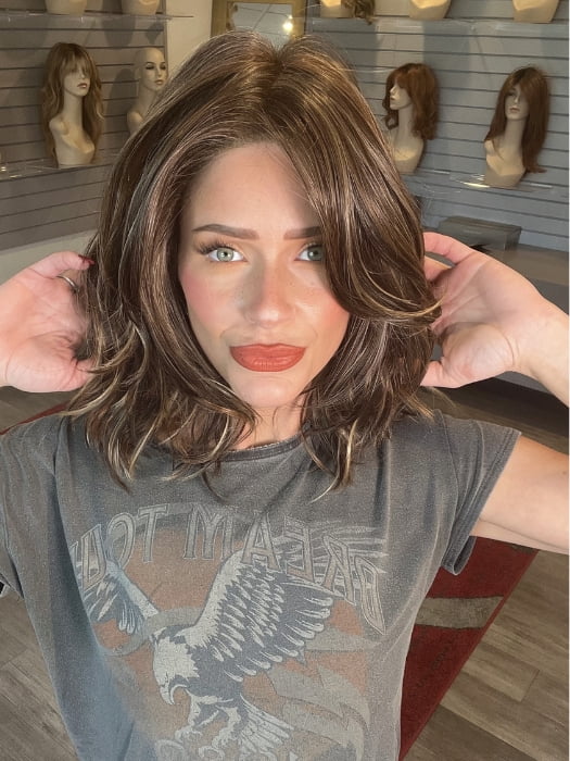 Madeline wearing MODENA by BELLETRESS in DARK BROWN HL | A Blend of Dark Brown, Strawberry Light Auburn and Soft Chunky Medium and Dark Blonde Highlights