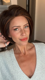 Madeline wearing IGNITE by JON RENAU in FS4/33/30A MIDNIGHT COCOA | Dark Brown, Medium Red, Medium Natural Red Blonde/Brown Blend with Medium Natural Red Blonde/Brown Blend Bold Highlights