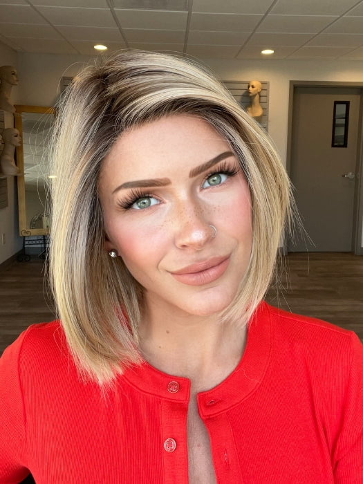 Madeline is wearing SANTA MONICA by BELLETRESS in RAW SUGAR BLONDE | A Neutral Light Blonde, Honey Blonde, Pale Gold Blonde, with a base of Light Brown Low Lights featuring a Medium Root Color