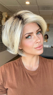 Madeline is wearing IGNITE by JON RENAU in 101/88/27S8 CATALINA BLONDE | Pale blonde with Pure White Natural Violet halo highlights, shaded medium brown
