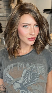 Madeline wearing SKYLAR by JON RENAU in FS6/30/27 TOFFEE TRUFFLE | Brown, Medium Red-Gold, Medium Red-Gold Blonde Blend with Medium Red Gold Blonde Bold Highlights