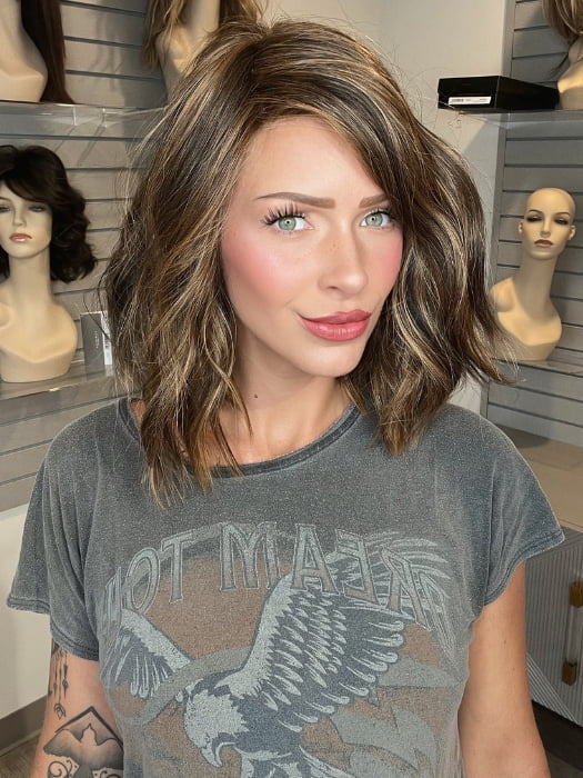 Madeline wearing SKYLAR by JON RENAU in FS6/30/27 TOFFEE TRUFFLE | Brown, Medium Red-Gold, Medium Red-Gold Blonde Blend with Medium Red Gold Blonde Bold Highlights