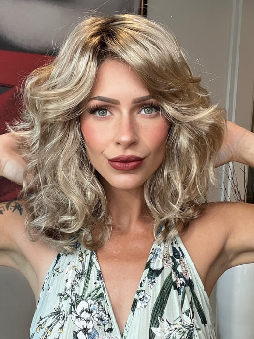 Madeline wearing FINN by ESTETICA in RH1488RT8 | Dark Blonde with Light Copper Blonde Highlights & Golden Brown Roots