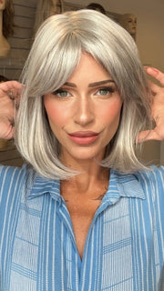 Madeline wearing CARLEY by ENVY in 56 MEDIUM GREY | Salt and Pepper Grey 50% Medium Brown 50% Grey