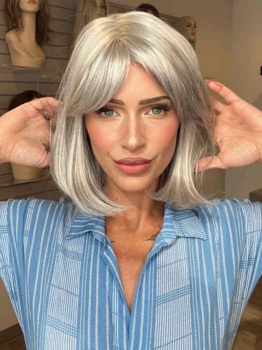 Madeline wearing CARLEY by ENVY in 56 MEDIUM GREY | Salt and Pepper Grey 50% Medium Brown 50% Grey
