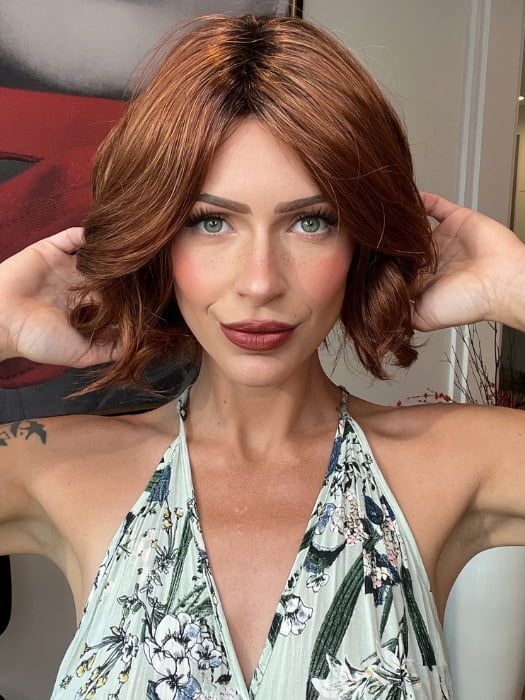 Madeline wearing TARA by RENE OF PARIS in  SHADED-AMBER | Coppery Blonde and Red Blend with Dark Amber Brown Roots