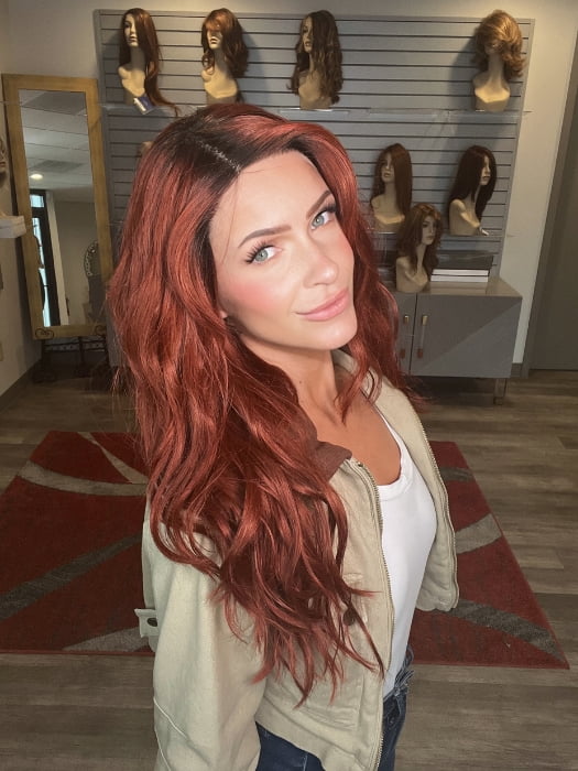 Madeline wearing BROOKLYN by RENE OF PARIS in HENNA-RED-R | Bright and Vibrant Red with Cherry Undertones, Rooted with Rich Coffee Bean Brown