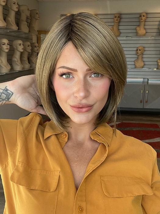 Madeline is wearign ALL THE RAGE by GABOR in GF12-22SS SHADED CAPPUCCINO | Light Golden Brown Evenly Blended with Cool Platinum Blonde Highlights with Dark Roots
