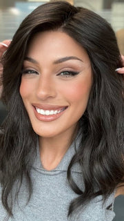 Roxie is wearing HEIDI by JON RENAU in color 4 BROWNIE FINALE | Dark Brown