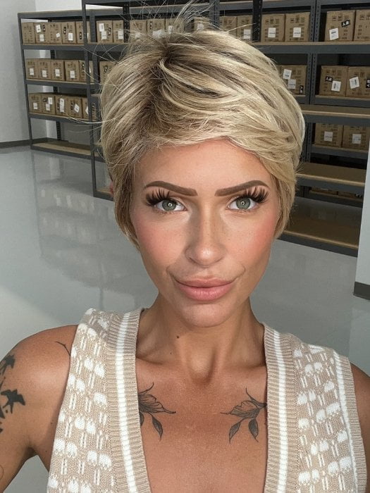 Madeline wearing PALO ALTO by BELLETRESS in RAW SUGAR BLONDE | A Neutral Light Blonde, Honey Blonde, Pale Gold Blonde, with a base of Light Brown Low Lights featuring a Medium Root Color