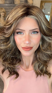 Madeline wearing ELLE by BELLETRESS in CAPPUCINO LATTE R | A Deep brunette with light brown highlights and lowlights