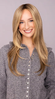 AVA wearing ZARA by JON RENAU in 24BT18S8 SHADED MOCHA | Medium Natural Ash Blonde & Light Natural Gold Blonde Blend, Shaded with Medium Brown