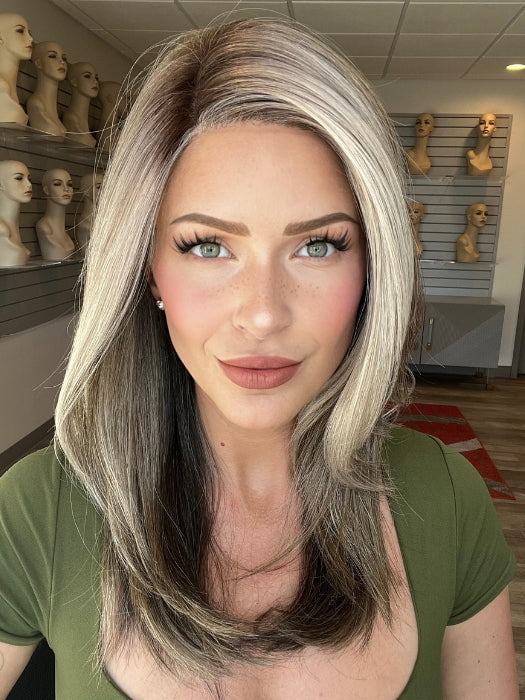 Madeline is wearing CHARMING by TRESSALLURE in 52/38/49/R8 | 3 Tones of Grey blended with Dark Brown Roots