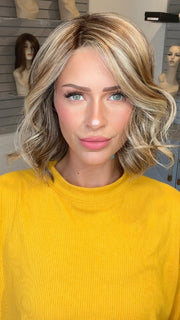 Madeline wearing ISSEY by BELLETRESS in BROWN-SUGAR-COOKIE-R | The Roots are a Rich Brown Tone that seamlessly transitions into a Warm Golden Brown