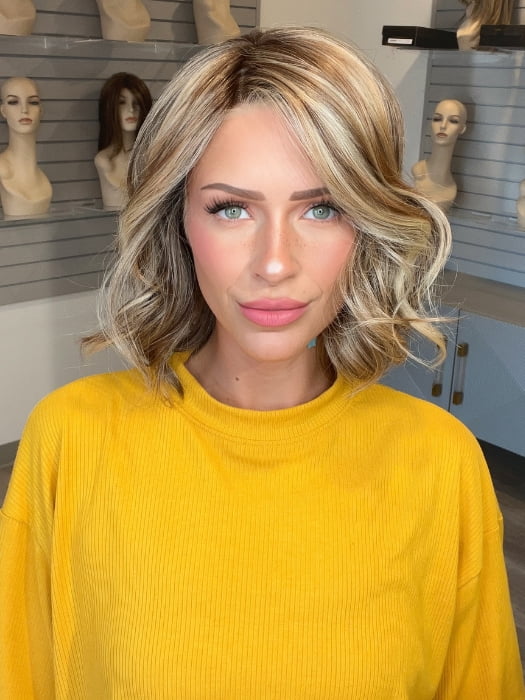 Madeline wearing ISSEY by BELLETRESS in BROWN-SUGAR-COOKIE-R | The Roots are a Rich Brown Tone that seamlessly transitions into a Warm Golden Brown