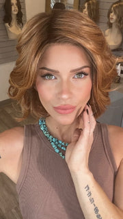 Madeline wearing TWAIN by BELLETRESS in MIXED BERRY R | A bold, berry-inspired red with deep auburn tones and soft rooting for a natural regrowth effect.