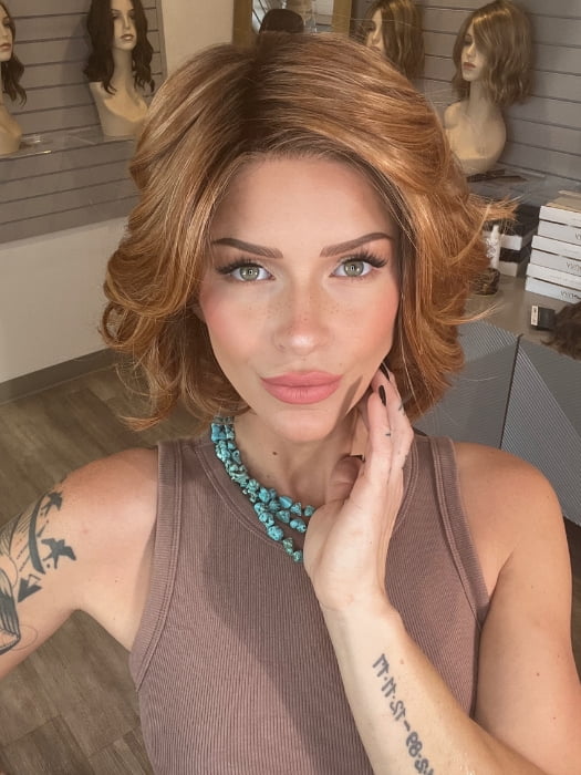 Madeline wearing TWAIN by BELLETRESS in MIXED BERRY R | A bold, berry-inspired red with deep auburn tones and soft rooting for a natural regrowth effect.