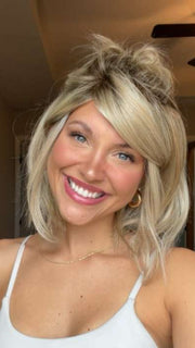Chloe Beau @chloebeaushannon wearing UPSTAGE PETITE by RAQUEL WELCH WIGS in color RL19/23SS SHADED BISCUIT | Light Ash Blonde Evenly Blended with Cool Platinum Blonde with Dark Roots | styled