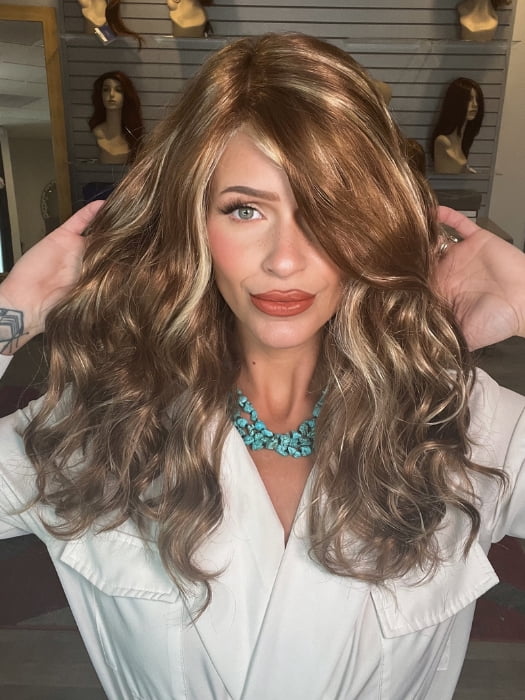 Madeline wearing SARAH by JON RENAU in FS26/31 Caramel Syrup | Amber Red w/ Caramel Blonde Highlights