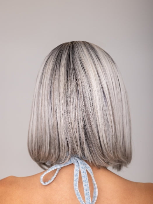 ROXIE wearing CARLEY by ENVY in STERLING SHADOW | Medium Salt-and-Pepper Grey with Darker Brown Roots
