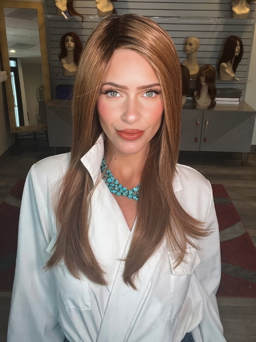 Madeline wearing MESMERIZED by RAQUEL WELCH in RL29/33SS ICED PUMPKIN SPICE | Strawberry Blonde Shaded with Dark Red-Brown
