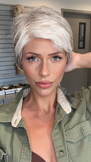 Madeline wearing YOKO by ELLEN WILLE in SNOW MIX 60.56.58 | Pearl White, Lightest Blonde, and Black/Dark Brown with Grey Blend 
