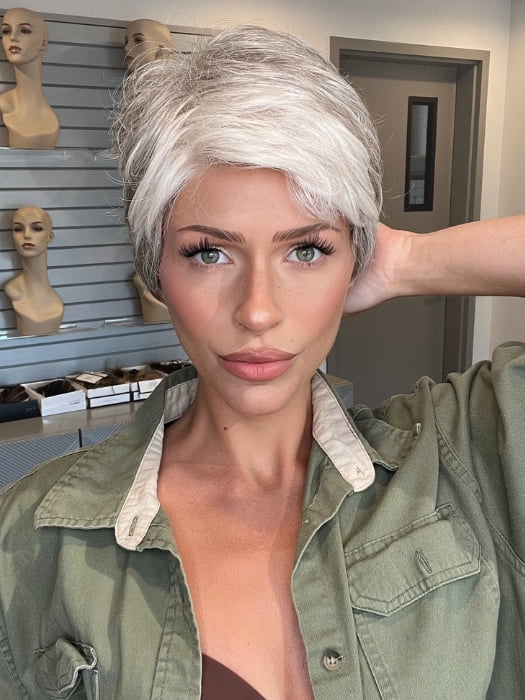 Madeline wearing YOKO by ELLEN WILLE in SNOW MIX 60.56.58 | Pearl White, Lightest Blonde, and Black/Dark Brown with Grey Blend 