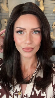Madeline wearing SPECTRA PLUS by ELLEN WILLE in ESPRESSO MIX | Darkest Brown base with a blend of Dark Brown and Warm Medium Brown throughout