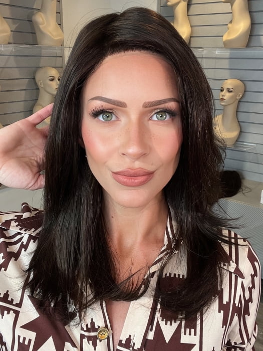 Madeline wearing SPECTRA PLUS by ELLEN WILLE in ESPRESSO MIX | Darkest Brown base with a blend of Dark Brown and Warm Medium Brown throughout