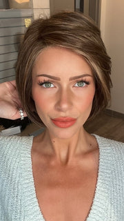 Madeline wearing IGNITE PETITE by JON RENAU in 8RH14 HOT COCOA | Medium Brown with 33% Medium Natural Blonde Highlights